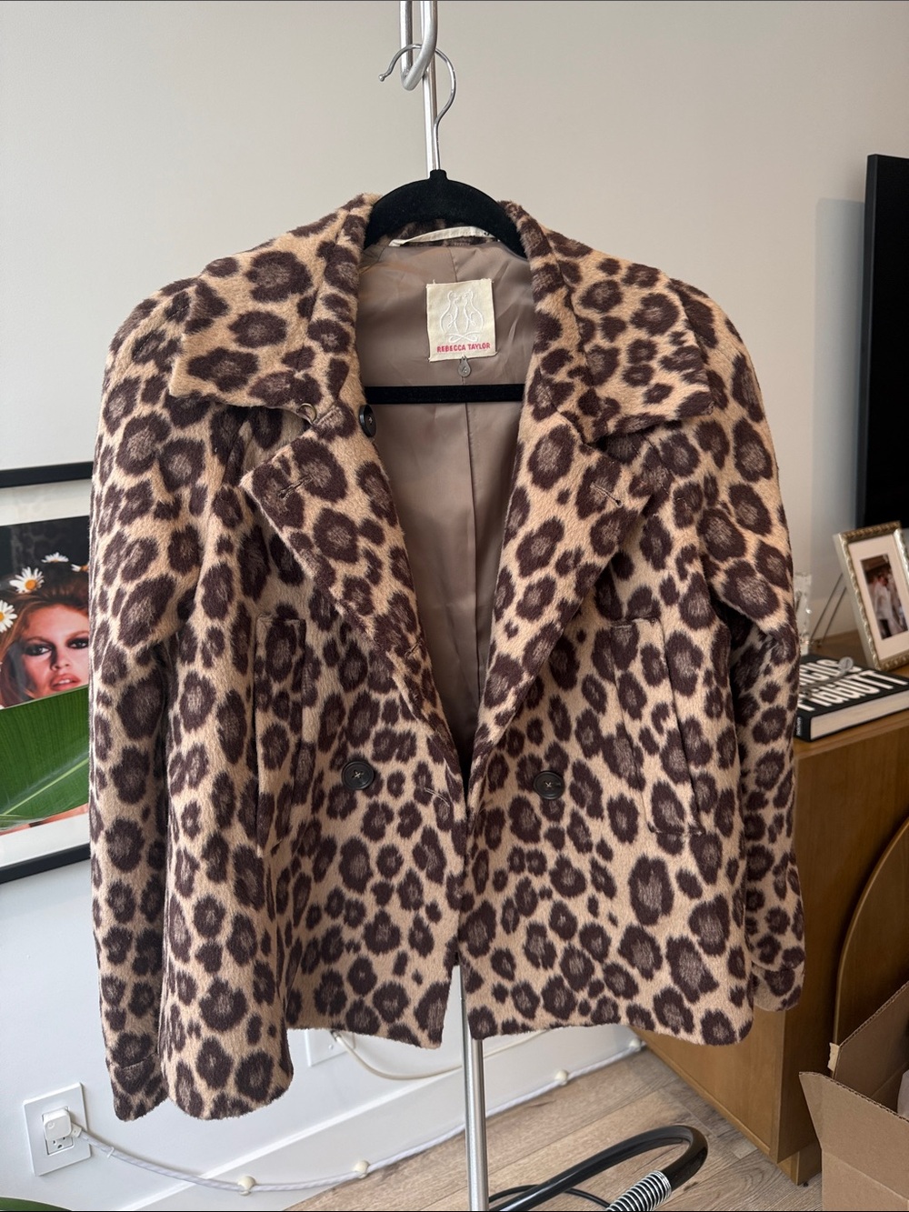 Rebecca Taylor Leopard-Print Pea Coat in Brown and Cream